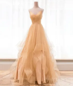 Champagne tulle long prom dress champagne evening dress