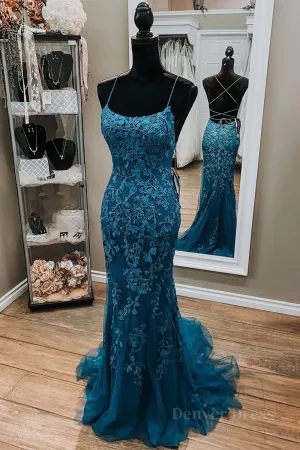 Backless Mermaid Dark Teal Lace Long Prom Dress Mermaid Teal Lace Long Formal Evening Dress