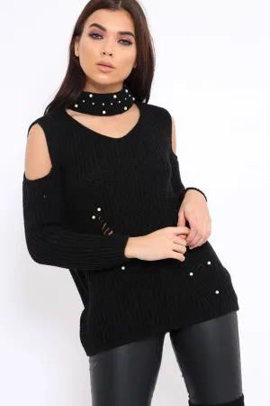 Black Distressed Pearl Chunky Knit Jumper - Narla