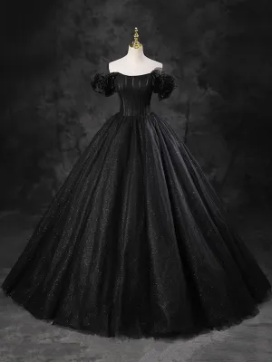 Black Sparkly Tulle Off the Shoulder Long Formal Dress Elegant A-Line Black Evening Party Dress