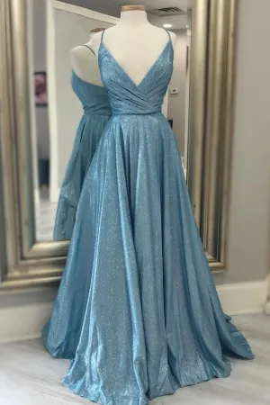 Blue V-Neck Long Prom Dresses A-Line Blue Evening Dresses