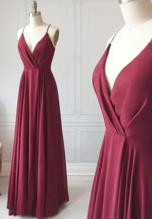 Burgundy Chiffon Long Prom Dress Simple V-Neck Evening Dress