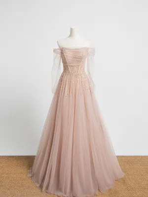 Champagne Pink Tulle Beads Long Prom Dress, Champagne Evening Dress