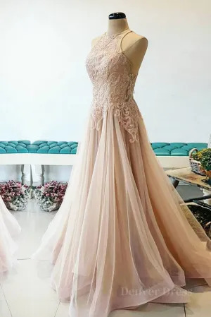 Champagne tulle lace long prom dress champagne tulle evening dress