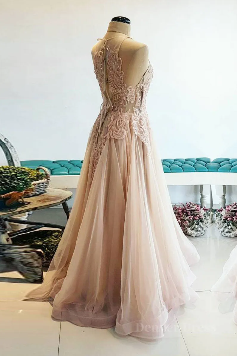 Champagne tulle lace long prom dress champagne tulle evening dress