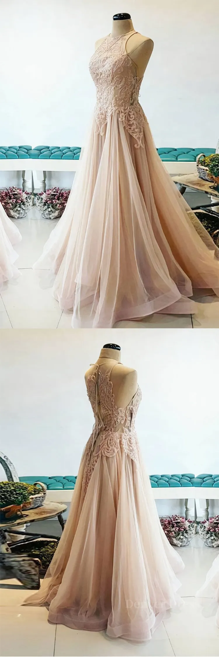 Champagne tulle lace long prom dress champagne tulle evening dress