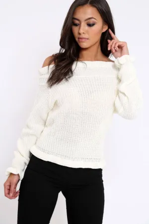 Cream Knitted Ruffle Jumper with Elasticated hems - Eve