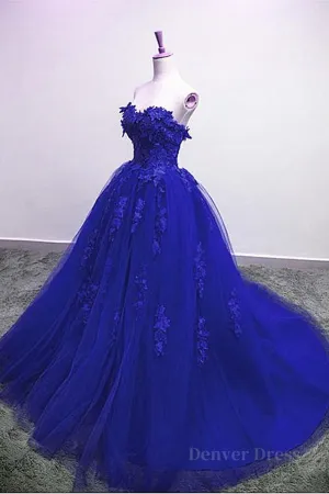 Gorgeous Blue Lace Floral Long Prom Dress Blue Appliques Formal Evening Dress Blue Ball Gown