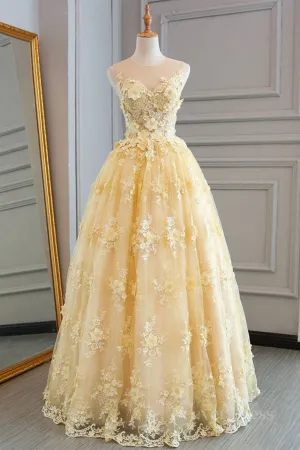 Gorgeous Yellow Lace Appliques Long Prom Dress Yellow Lace Formal Dress Yellow Evening Dress