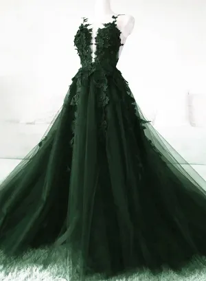 Green A-Line Tulle With Lace Low Back Prom Dress Green Tulle Evening Dress Party Dress