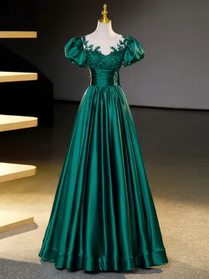 Green Satin Lace Floor Length Formal Dress Short Sleeve A-Line Evening Dress