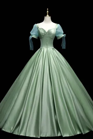 Green Satin Long A-Line Ball Gown Green Short Sleeve Evening Gown