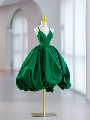 Green V-Neck Satin Short Prom Dress A-Line Green Evening Dress