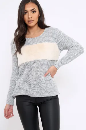 Grey Chunky Knit Faux Fur Front Panel Jumper - Ophelia