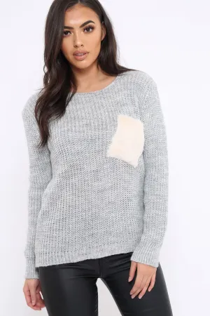 Grey Chunky Knit Fur Pocket Jumper - Alois