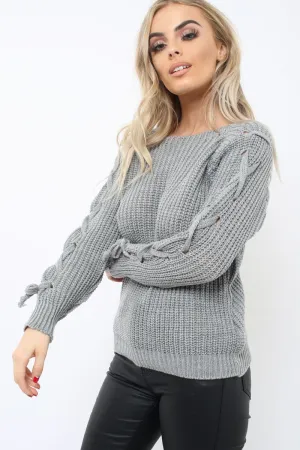 Grey Chunky Knit Lace Up Sleeve Jumper - Sarah