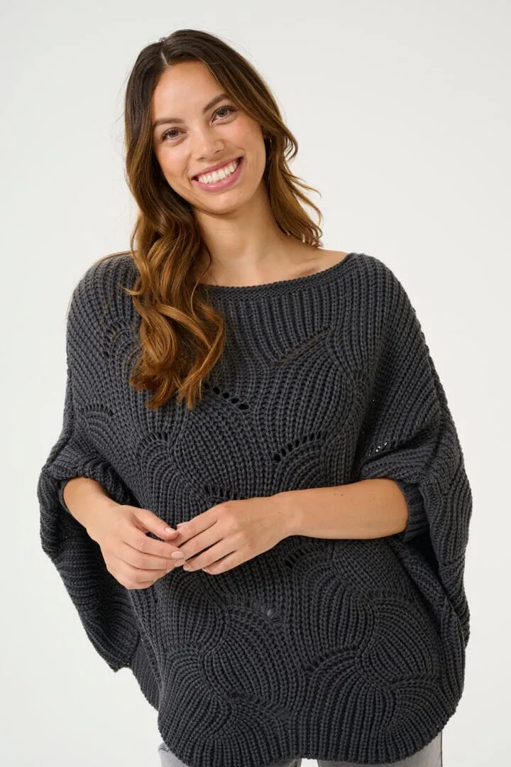 GREY KNIT OVERSIZED CUFF SLEEVE PONCHO