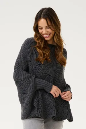 GREY KNIT OVERSIZED CUFF SLEEVE PONCHO