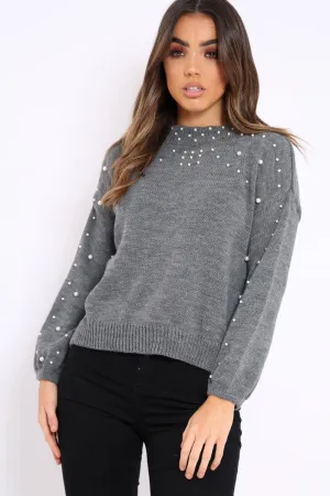 Grey Puff Sleeve Pearl Chunky Knit Jumper - Nancie