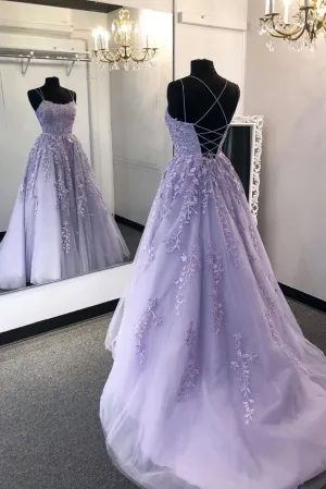 Lilac Lace Applique Prom Dresses