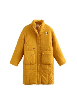 Long Parkas Jacket For Women Yellow Solid Cartoon Embridery Pocket Coat Winter  Sleeve Single-breasted Warm Outwear