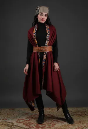 Mahnoor Maroon Cashmilon Front-Open Shrug With Kalamkari Detailing