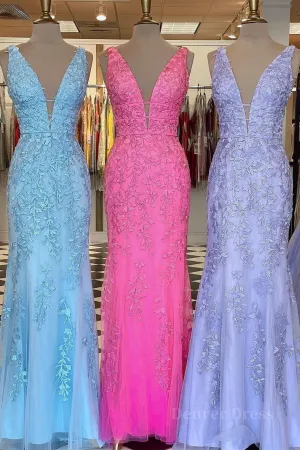 Mermaid V Neck Open Back Lace Long Prom Dress Mermaid Formal Evening Dress