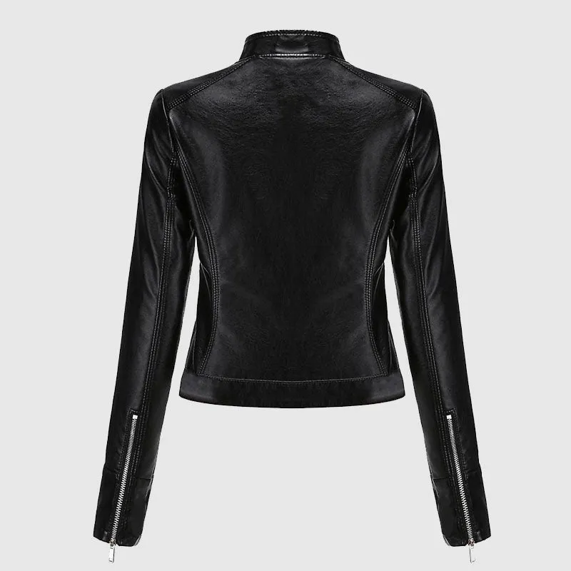 New Quality Allthemen Ladies Classic Casual Stand Collar Leather Jacket Slim Fit Zip Versatile Jacket Black