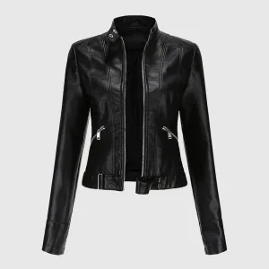 New Womens Casual Zipper Regular-fit Leather Jacket