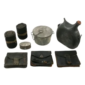 Original WWI French Army Field Equipment Lot Featuring Canteen and Ammunition Pouches - 8 Items