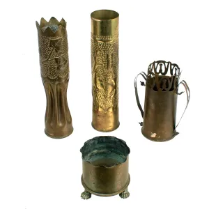 Original WWI U.S., British, and German Trench Art Brass Artillery Shell Casing Lot - 4 Items