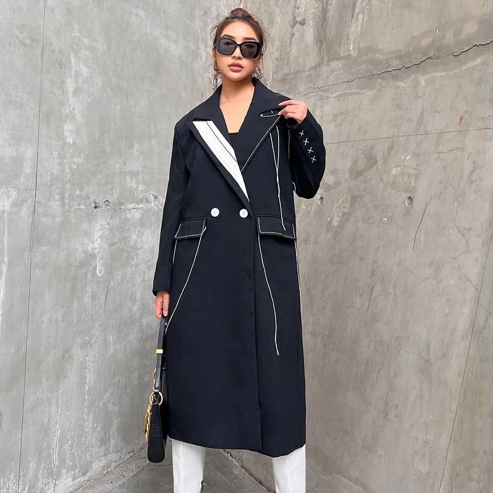 Patchwork Bright Line Decoration Lace Up Trench Coat For Women Lapel Long Sleeve Straight Coats Female Autumn Style