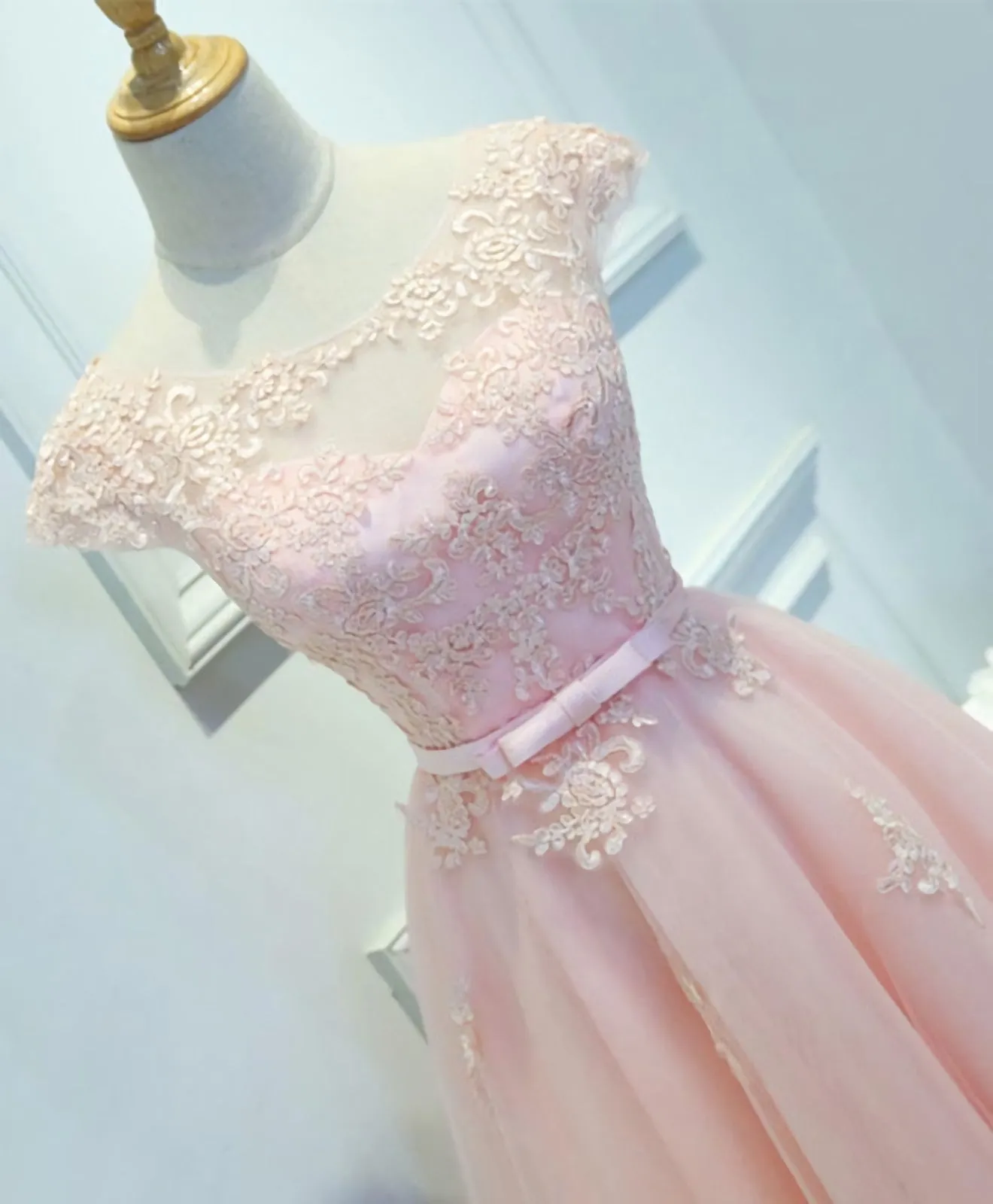 Pink Lace Tulle Short Prom Dress, Pink Evening Dress