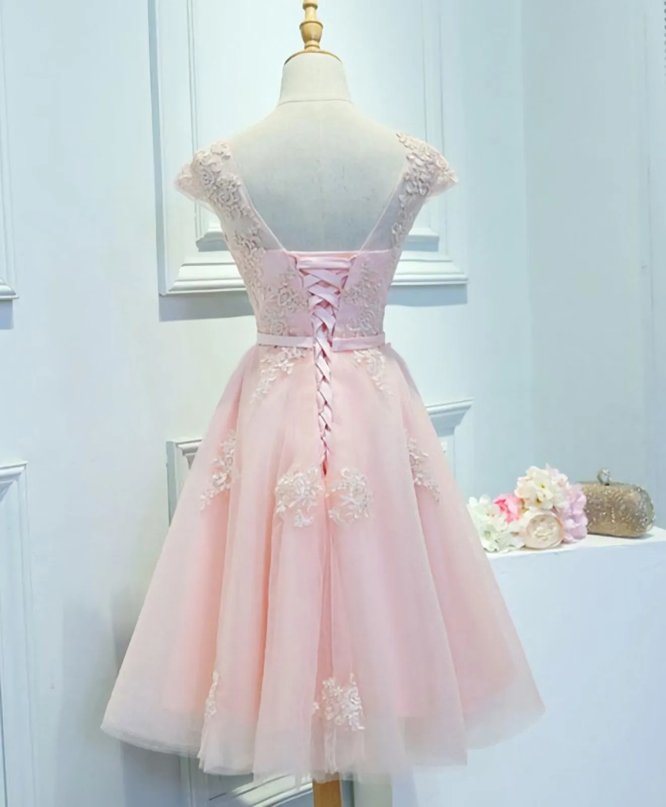 Pink Lace Tulle Short Prom Dress, Pink Evening Dress