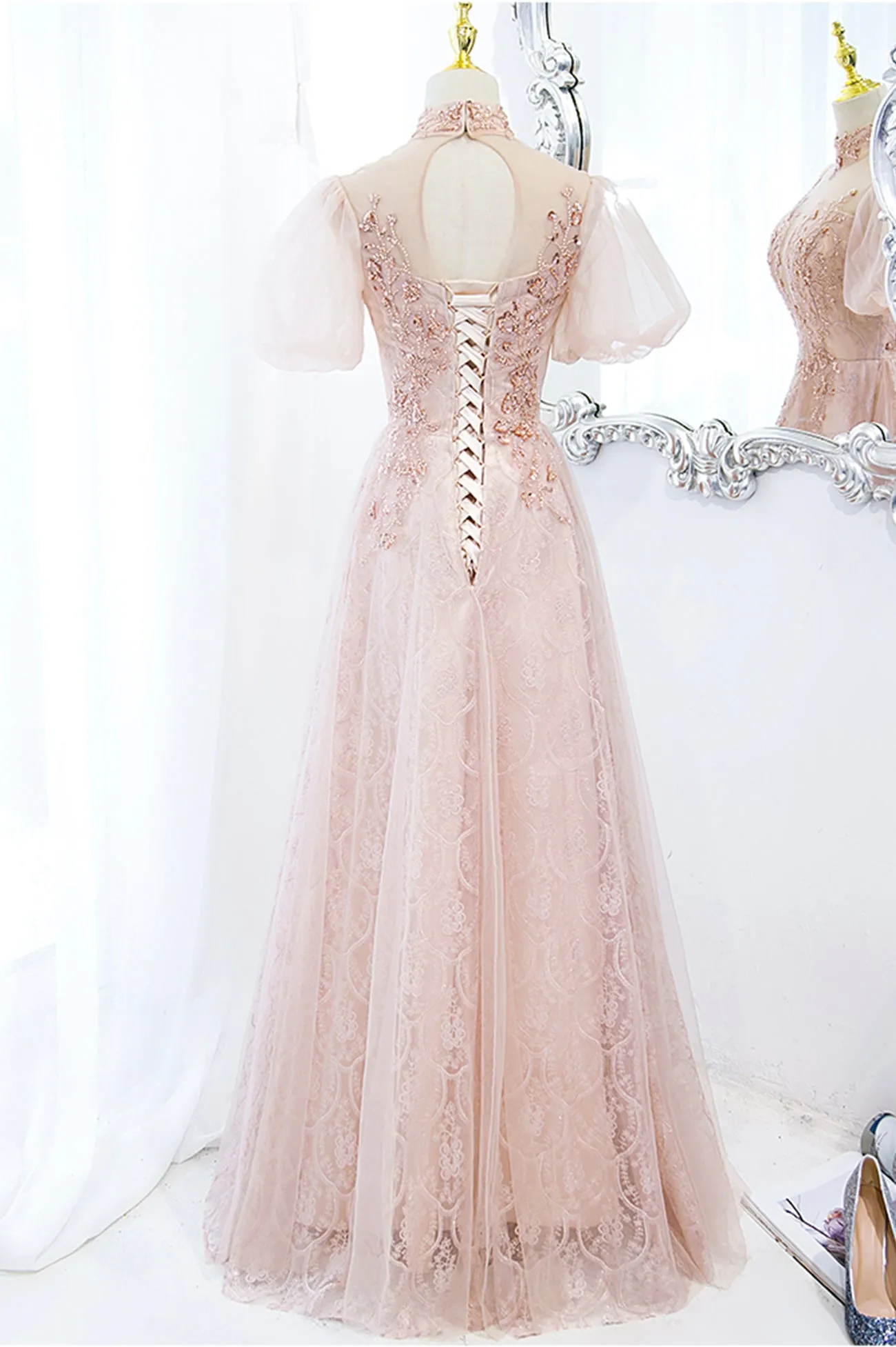 Pink Tulle Long A-Line Prom Dress, Pink Short Sleeve Evening Party Dress