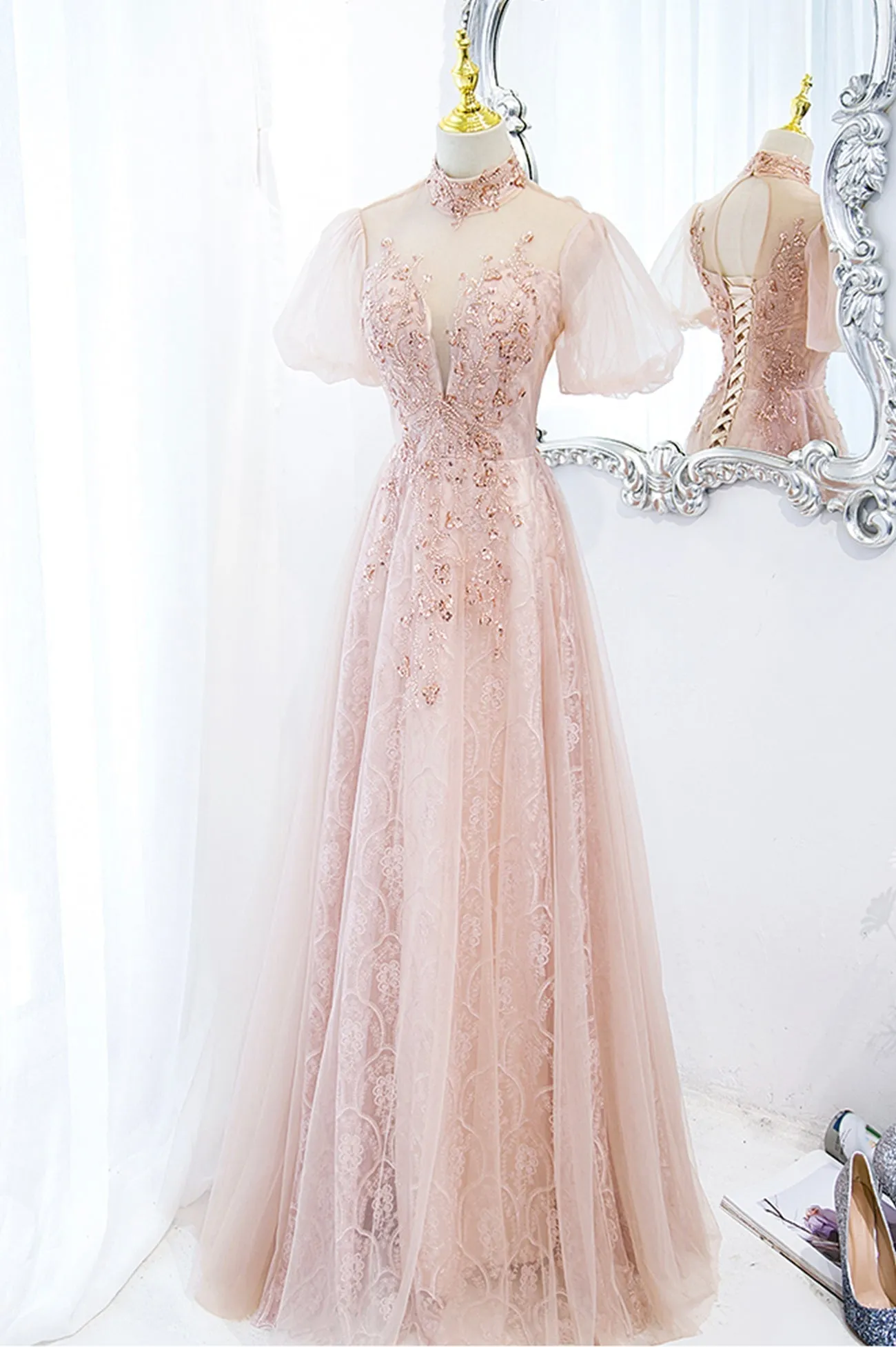 Pink Tulle Long A-Line Prom Dress, Pink Short Sleeve Evening Party Dress