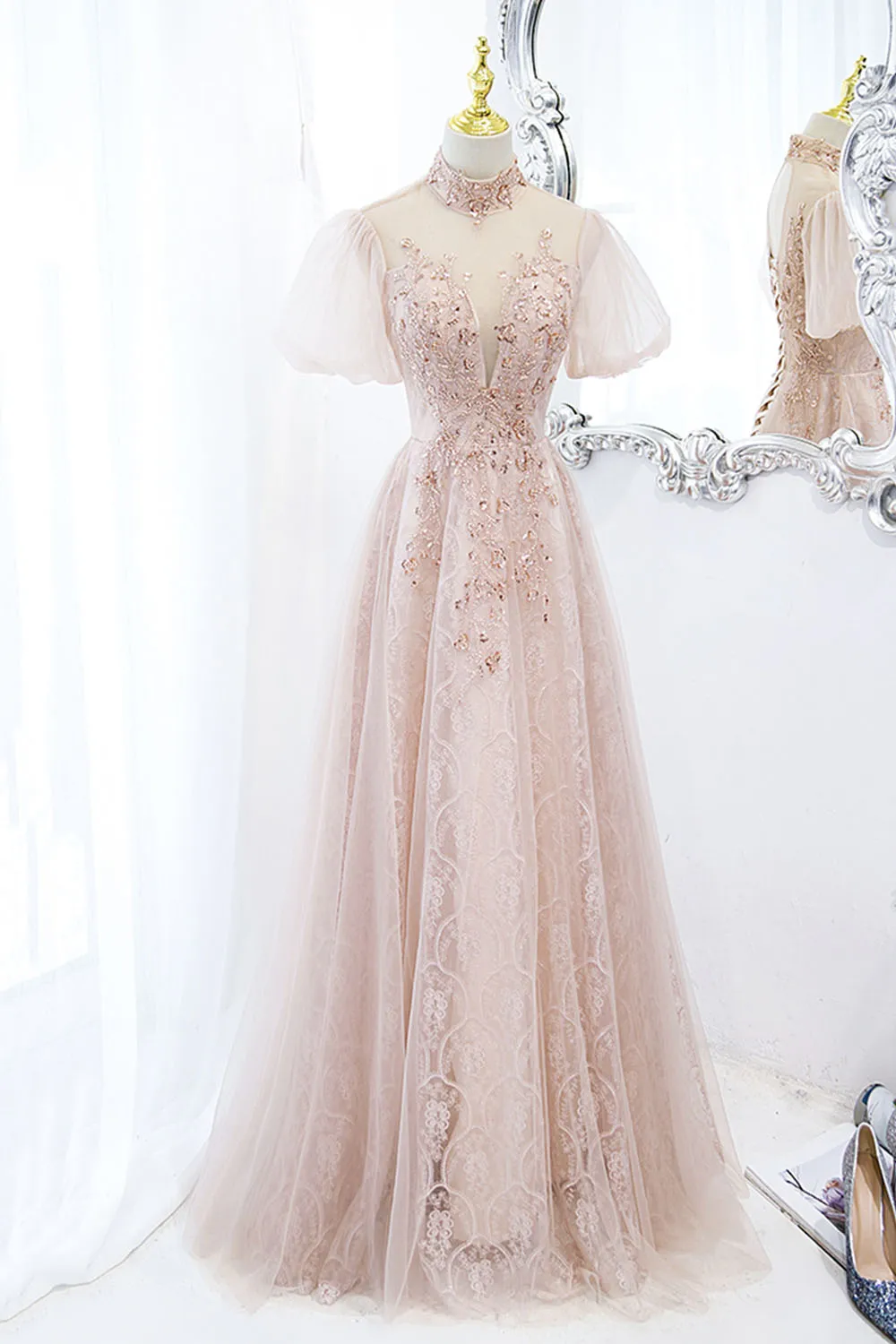 Pink Tulle Long A-Line Prom Dress, Pink Short Sleeve Evening Party Dress