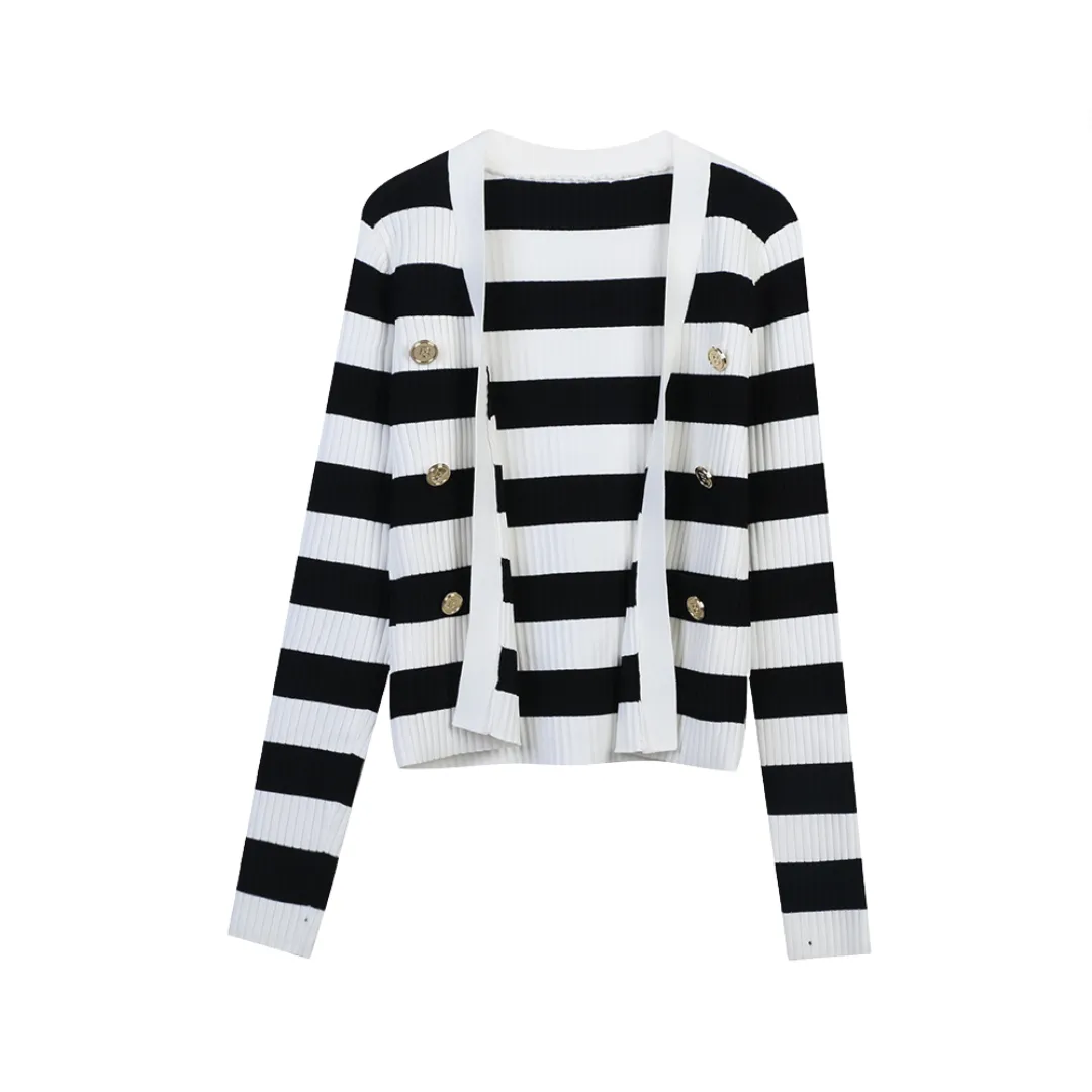 Pre Order:  Striped Double Row Metal Button Loose Cardigan