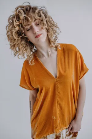 Rise & Ramble Velvet V-neck Top in Tumeric