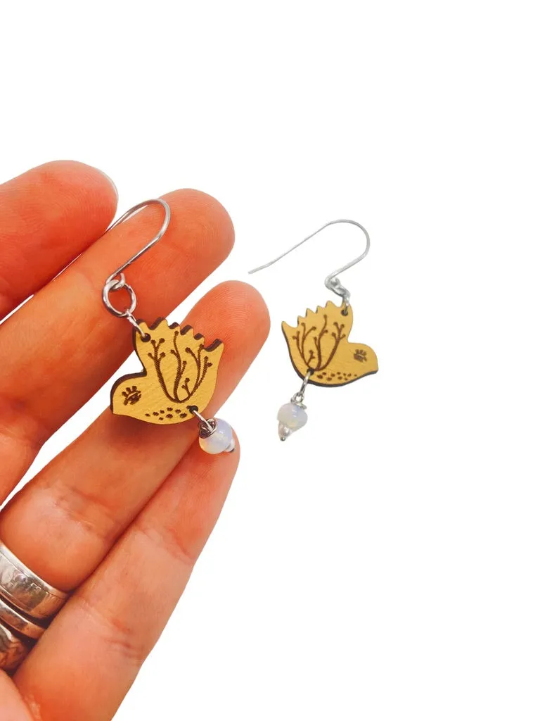 Tiny Yellow Bird Dangling Earrings, Lightweight Wooden earrings, Bird Lover Gift