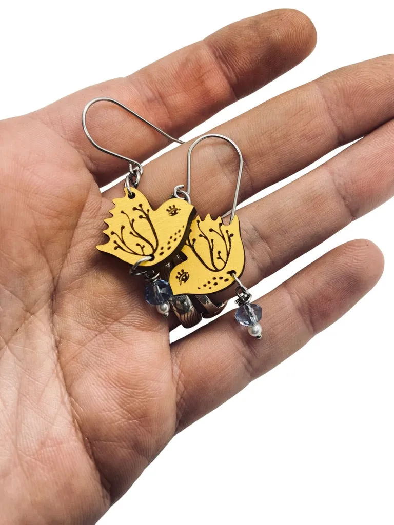 Tiny Yellow Bird Dangling Earrings, Lightweight Wooden earrings, Bird Lover Gift