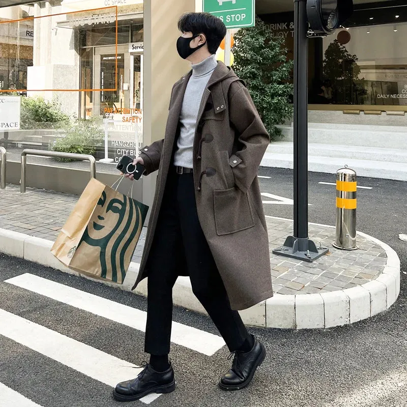 Wiaofellas  -  Korean-style Woolen Trench Men Horn Button Casual Long Windbreaker Winter Hooded Jacket Coats Fashion Trenchcoat