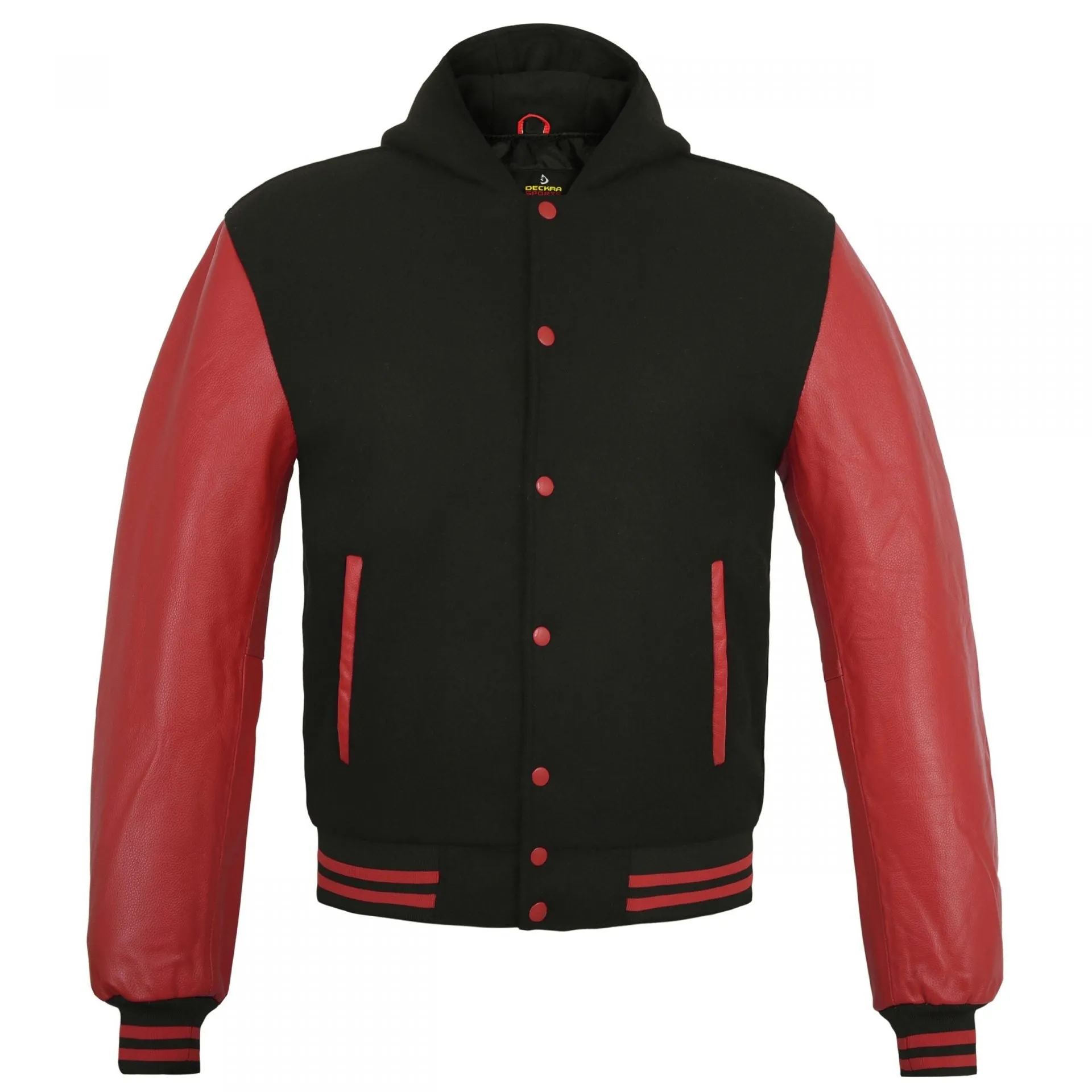 Women Hoodie Wool Leather College Varsity Jacket Style Black/Red Hoodie