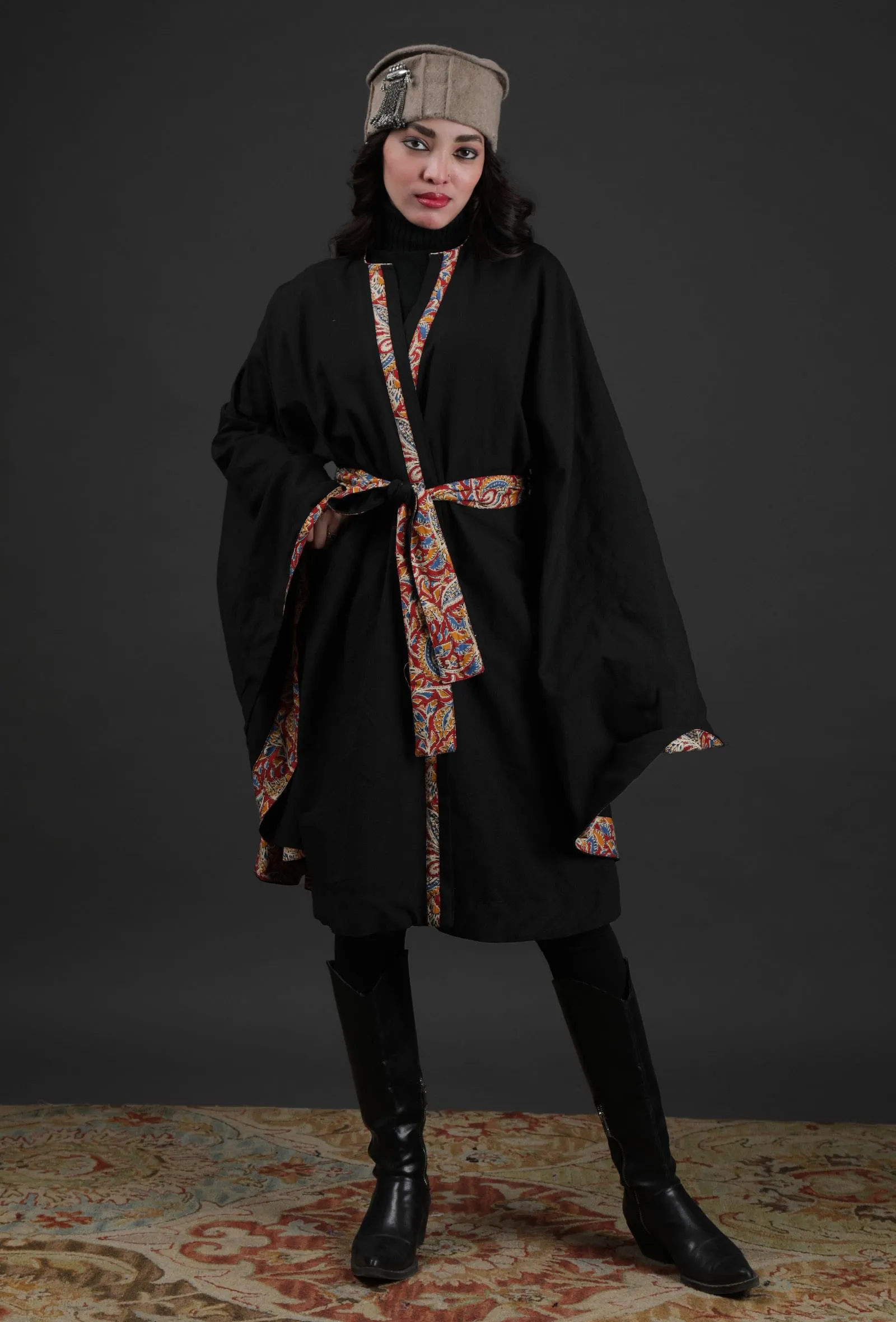 Ziya Black Cashmilon Overlay Cape With Kalamkari Detailing & Waist Belt