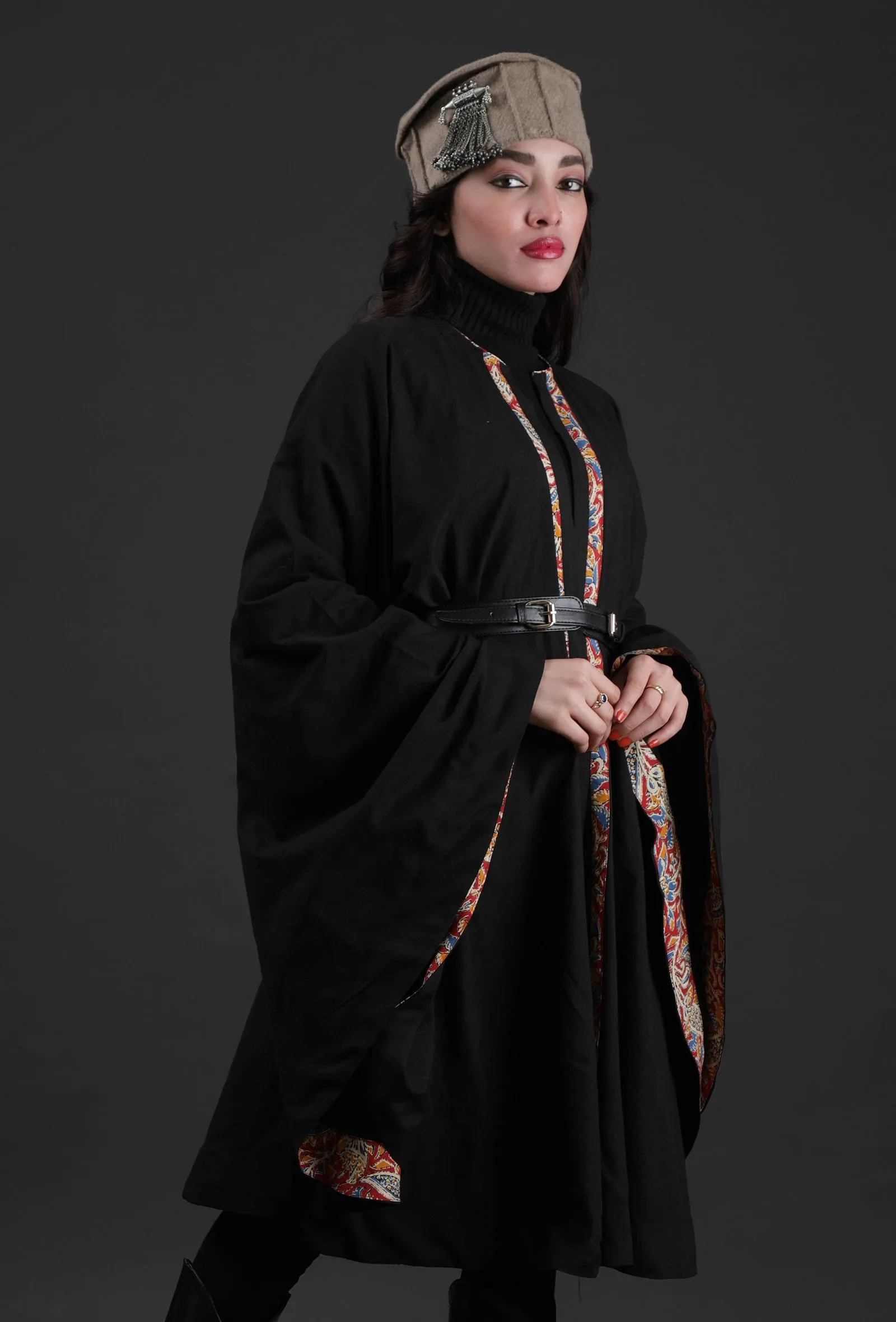 Ziya Black Cashmilon Overlay Cape With Kalamkari Detailing & Waist Belt